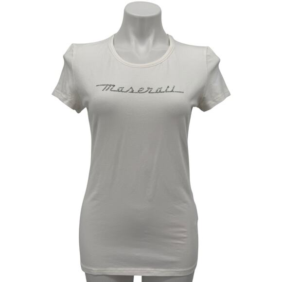 Maserati Rhinestone Tee Shirt NEW Donna Panna Strass Cotton LOGO Womens L White - Picture 1 of 11
